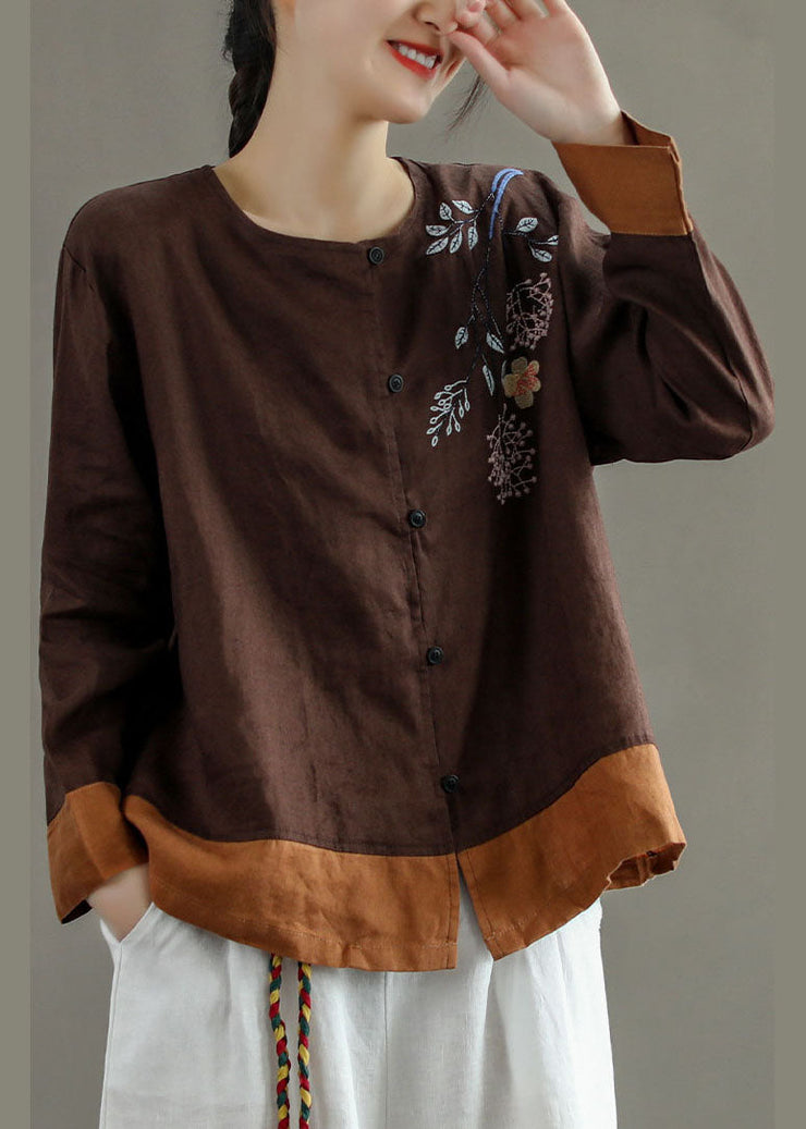 Casual Chocolate O-Neck Embroideried Patchwork Linen Shirt Tops Long Sleeve