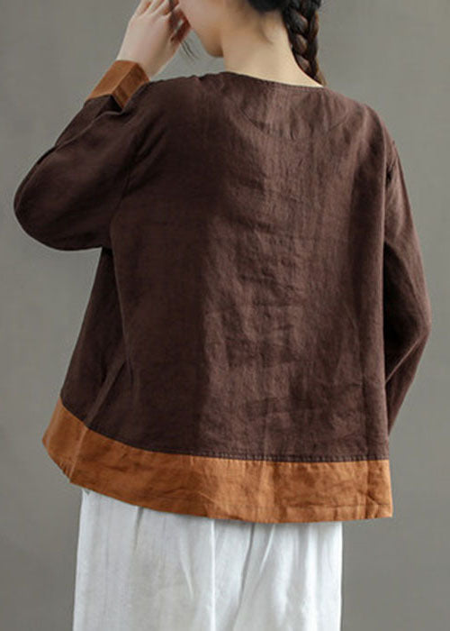 Casual Chocolate O-Neck Embroideried Patchwork Linen Shirt Tops Long Sleeve