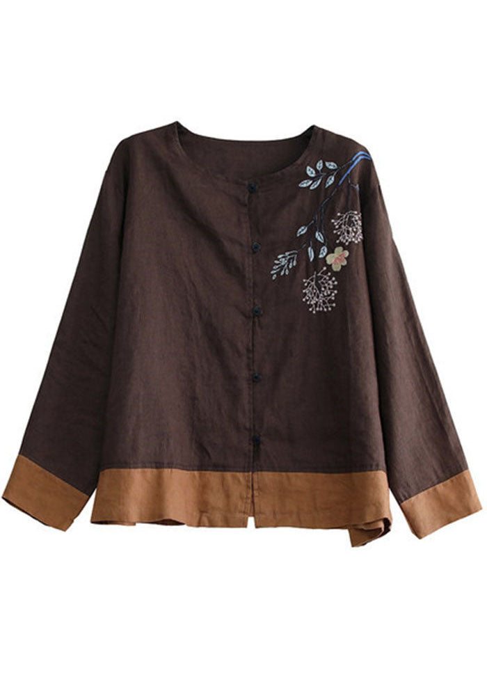 Casual Chocolate O-Neck Embroideried Patchwork Linen Shirt Tops Long Sleeve