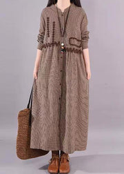 Casual Coffee O Neck Plaid Patchwork Cotton Long Dress Fall