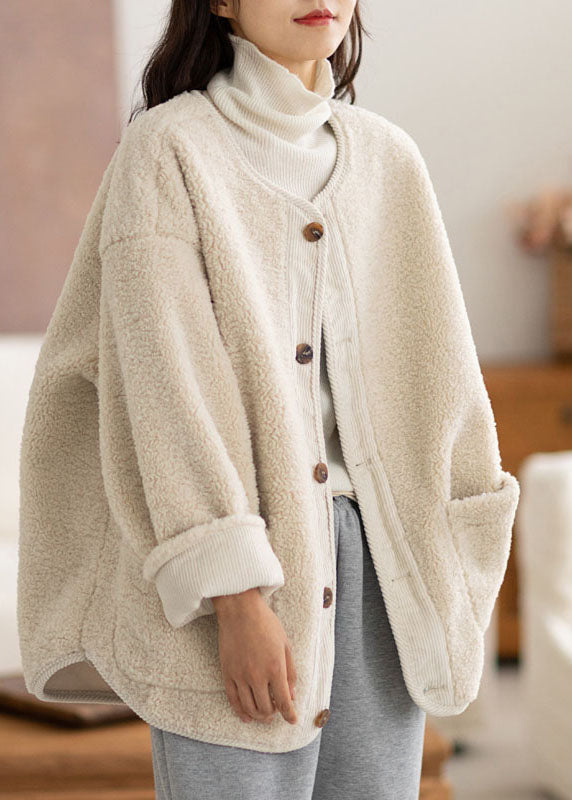 Casual Coffee O-Neck Pockets Button Warm Faux Fur Coats Long Sleeve