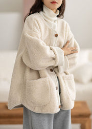 Casual Coffee O-Neck Pockets Button Warm Faux Fur Coats Long Sleeve