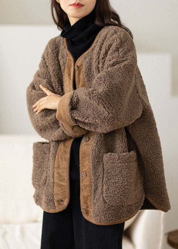 Casual Coffee O-Neck Pockets Button Warm Faux Fur Coats Long Sleeve