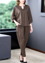 Casual Coffee Patchwork Pockets Top And Harem Pants Two Pieces Set Bracelet Sleeve