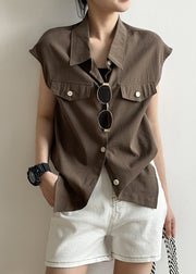 Casual Coffee Peter Pan Collar Button Cotton Shirt Tops Summer