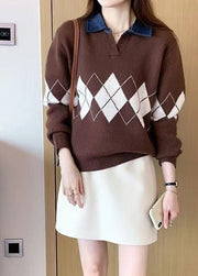 Casual Coffee Peter Pan Collar Geometric Patchwork Knit Blouses Fall