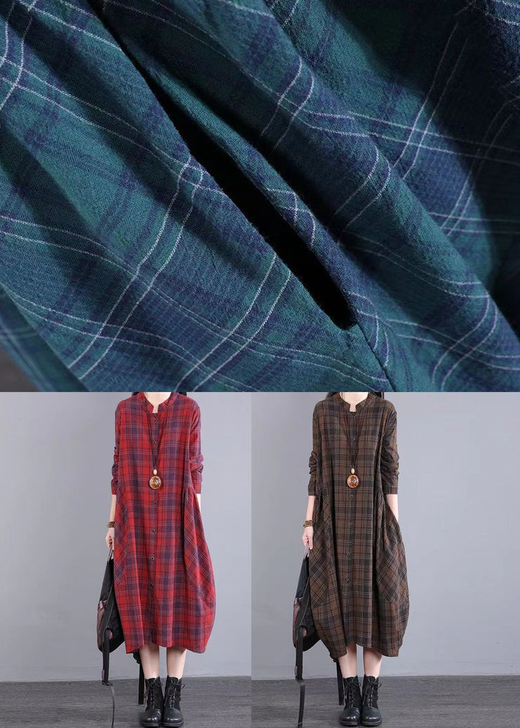 Casual Coffee Plaid Patchwork Cotton Shirts Dress Fall