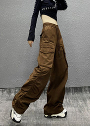 Casual Coffee Pocket Cinched Elastic Waist Pants Autumn