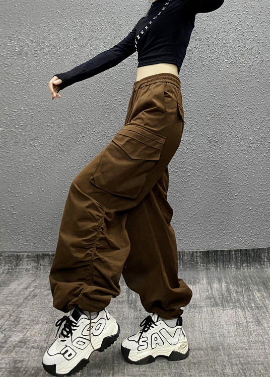 Casual Coffee Pocket Cinched Elastic Waist Pants Autumn