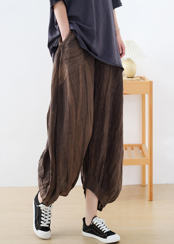 Casual Coffee Tie Dye Wrinkled Linen Lantern Pants Fall