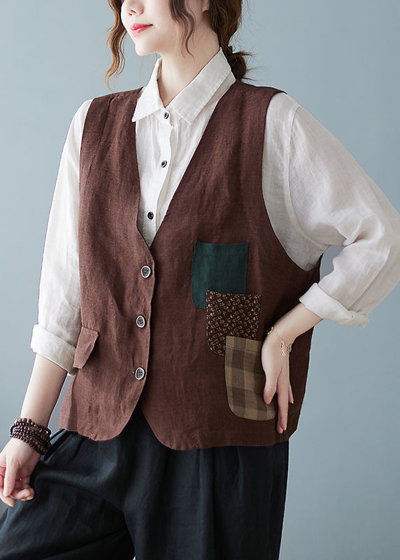 Casual Coffee V Neck Pockets Button Cotton Vest Tops Sleeveless