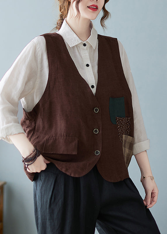 Casual Coffee V Neck Pockets Button Cotton Vest Tops Sleeveless