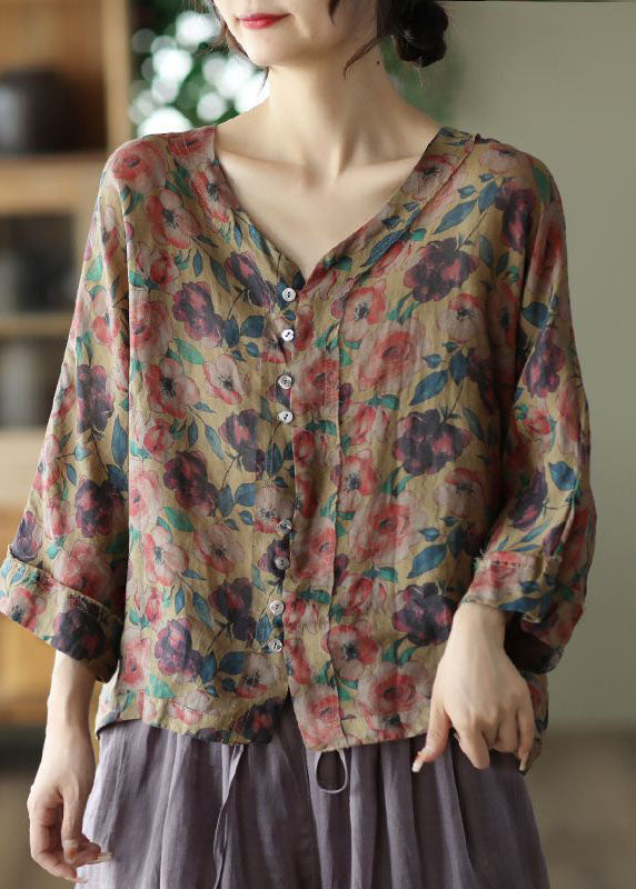 Casual Coffee V Neck Print Linen Shirt Tops Summer