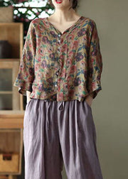 Casual Coffee V Neck Print Linen Shirt Tops Summer