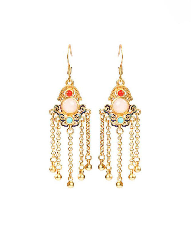 Casual Colorblock Ancient Gold Jade Turquoise Tassel Drop Earrings