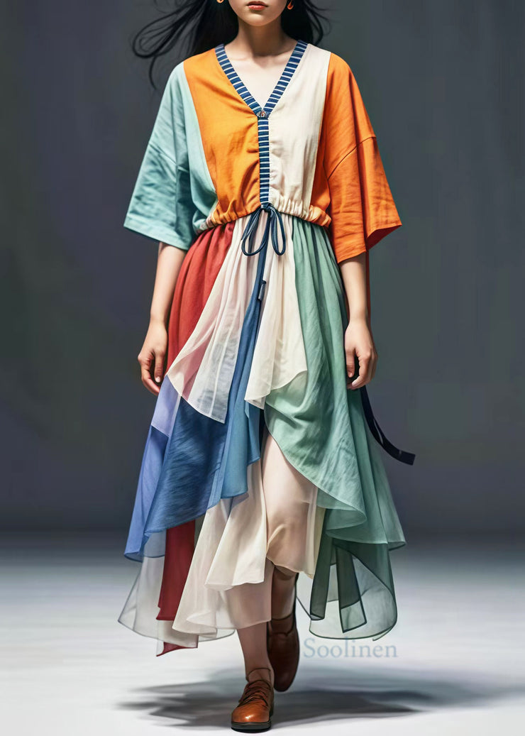 Casual Colorblock Cinched Patchwork Cotton Vacation Dresses Summer