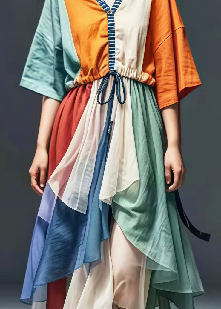 Casual Colorblock Cinched Patchwork Cotton Vacation Dresses Summer