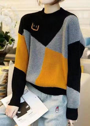 Casual Colorblock O Neck Thick Patchwork Knit Sweaters Fall