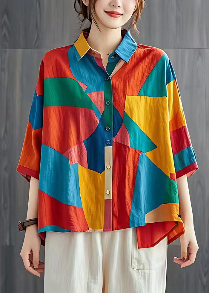 Casual Colorblock Oversized Patchwork Linen Tops Summer