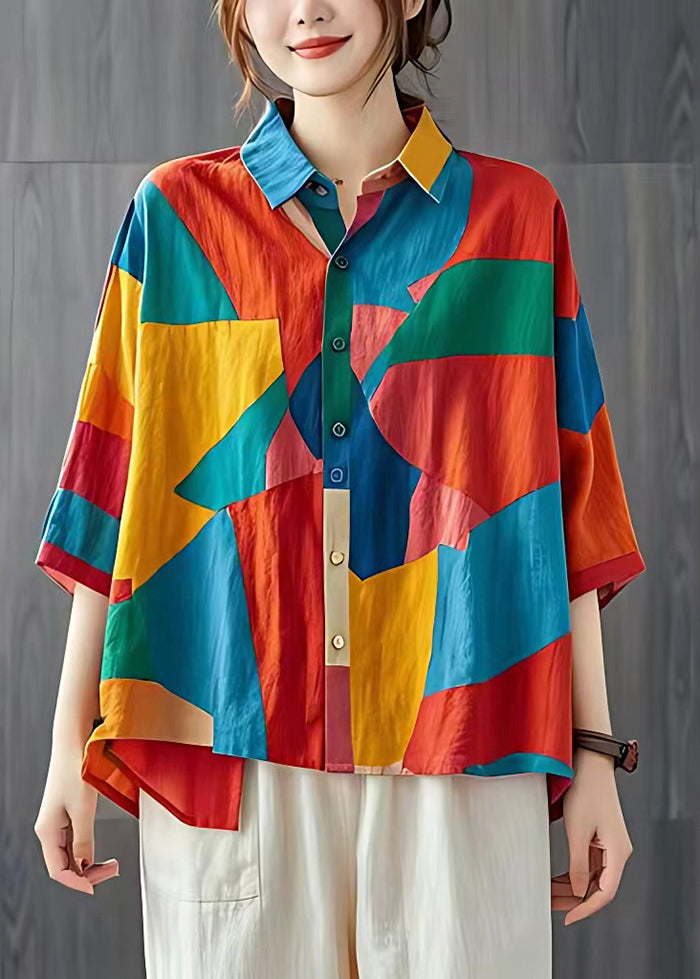 Casual Colorblock Oversized Patchwork Linen Tops Summer