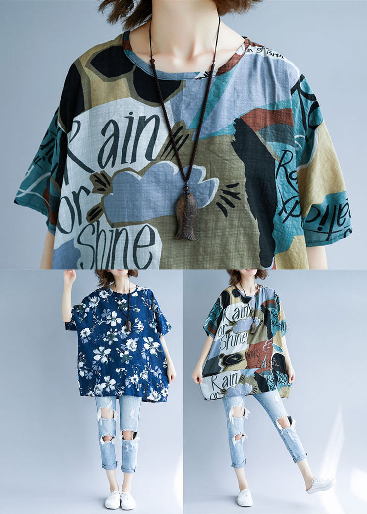 Casual Colorblock Oversized Print Cotton Tops Summer