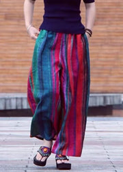 Casual Colorblock Pockets Striped Cotton Wide Leg Pants Summer