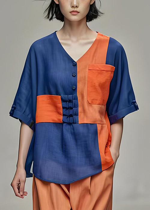 Casual Colorblock V Neck Pockets Patchwork Cotton Tops Summer