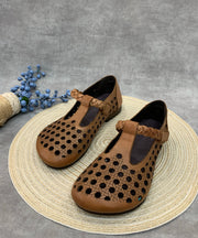 Casual Comfy Coffee Flat Shoes Hollow Out Cowhide Leather