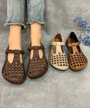 Casual Comfy Coffee Flat Shoes Hollow Out Cowhide Leather