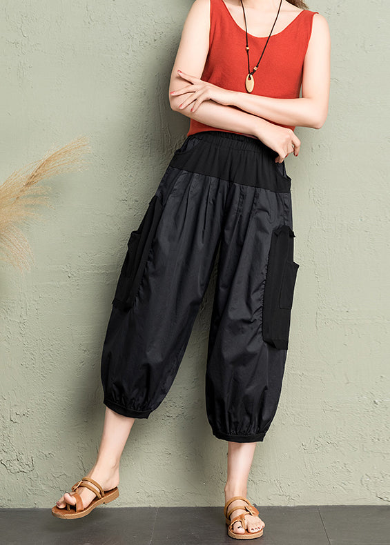 Casual Cozy Black Pockets Patchwork Cotton Lantern Pants Summer