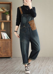 Casual Dark Blue Pockets Patchwork Denim Jumpsuits Spring