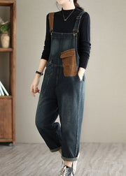 Casual Dark Blue Pockets Patchwork Denim Jumpsuits Spring