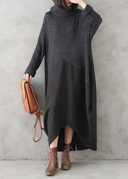 Casual Dark Gray Turtleneck Button Linen Patchwork Knit Long Dress Fall