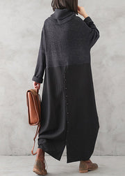 Casual Dark Gray Turtleneck Button Linen Patchwork Knit Long Dress Fall