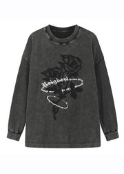 Casual Dark Grey O-Neck Rose Print Warm Fleece Pullover Long Sleeve