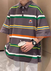 Casual Dark Grey Striped Cotton Men Polo T Shirt Summer