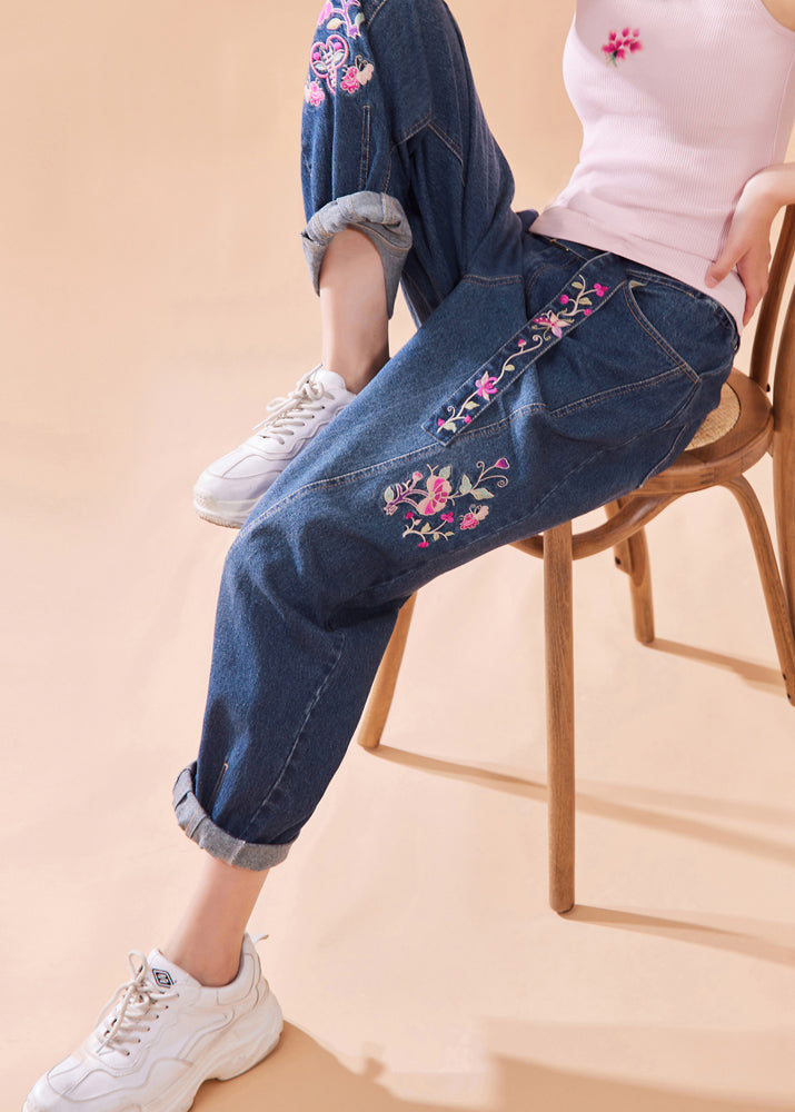 Casual Denim Blue Embroideried Floral Button Pockets Zippered Wide Leg Pants Summer