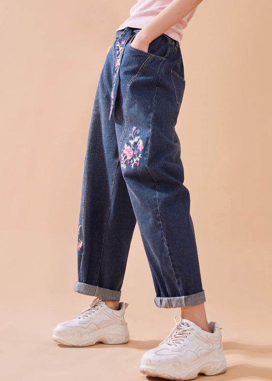 Casual Denim Blue Embroideried Floral Button Pockets Zippered Wide Leg Pants Summer