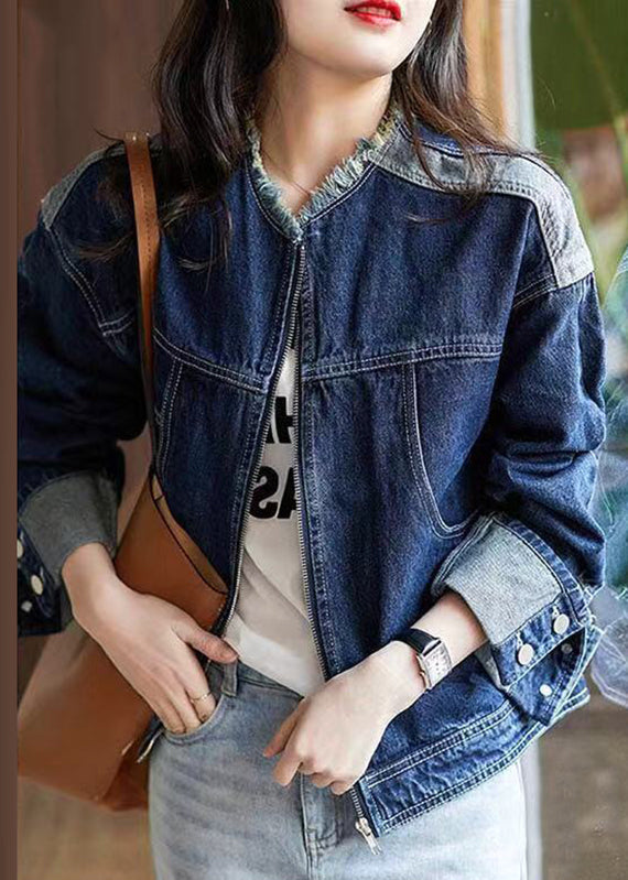 Casual Denim Blue O-Neck Zippered Patchwork Coat Long Sleeve