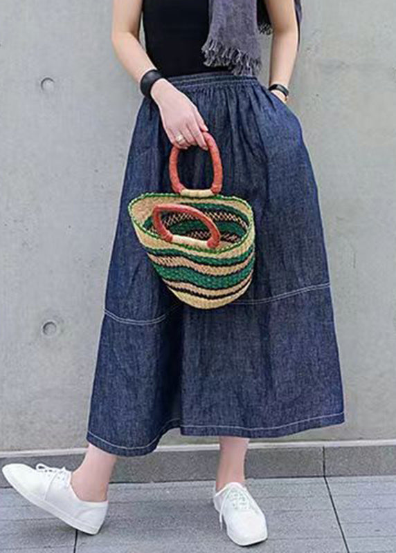 Casual Denim Blue Pockets Elastic Waist Patchwork Skirts Spring