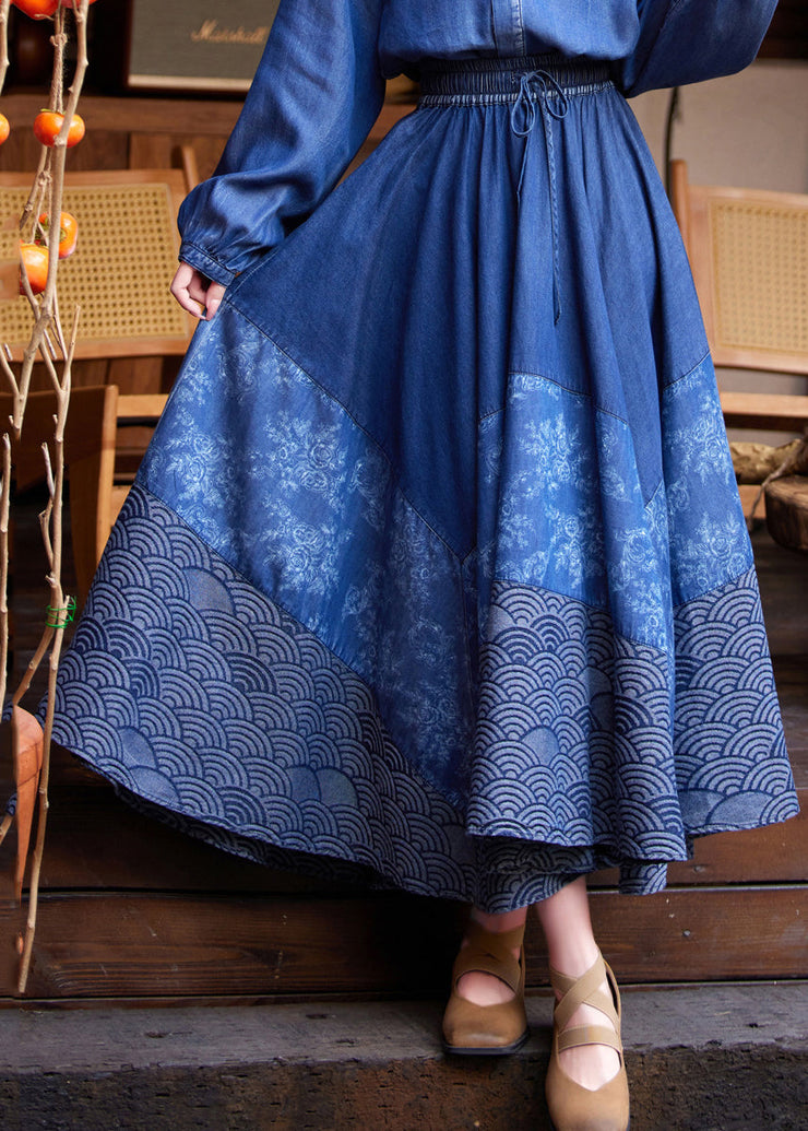 Casual Denim Blue Print Tie Waist Maxi Skirt Summer