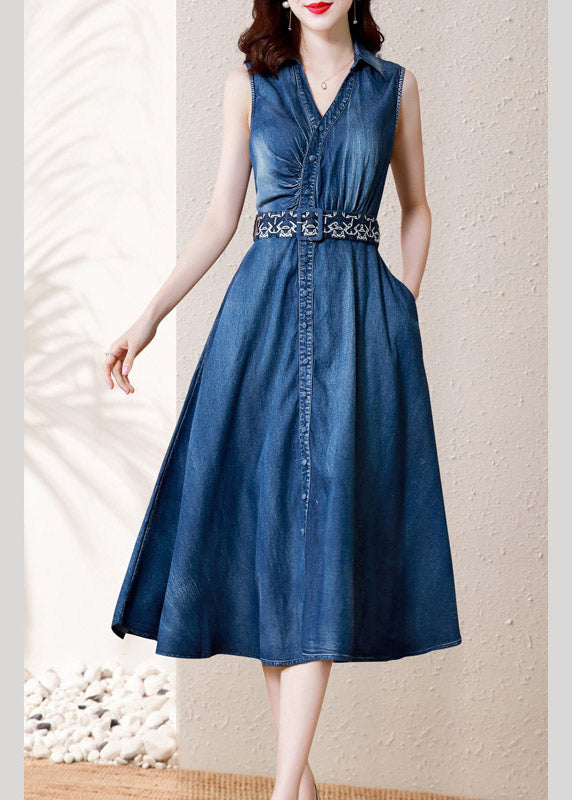 Casual Denim Blue V Neck Button Sashes Cotton Party Long Dress Summer