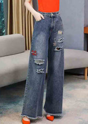 Casual Denim Navy Embroideried Elastic Waist Long Wide Leg Pants