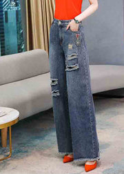 Casual Denim Navy Embroideried Elastic Waist Long Wide Leg Pants