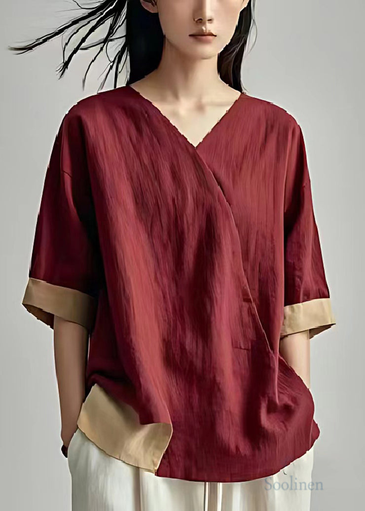 Casual Dull Red Oversized Patchwork Linen Blouse Tops Summer