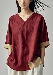Casual Dull Red Oversized Patchwork Linen Blouse Tops Summer