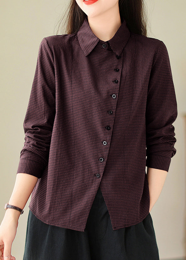 Casual Dull Red Peter Pan Collar Plaid Button Cotton Shirt Spring