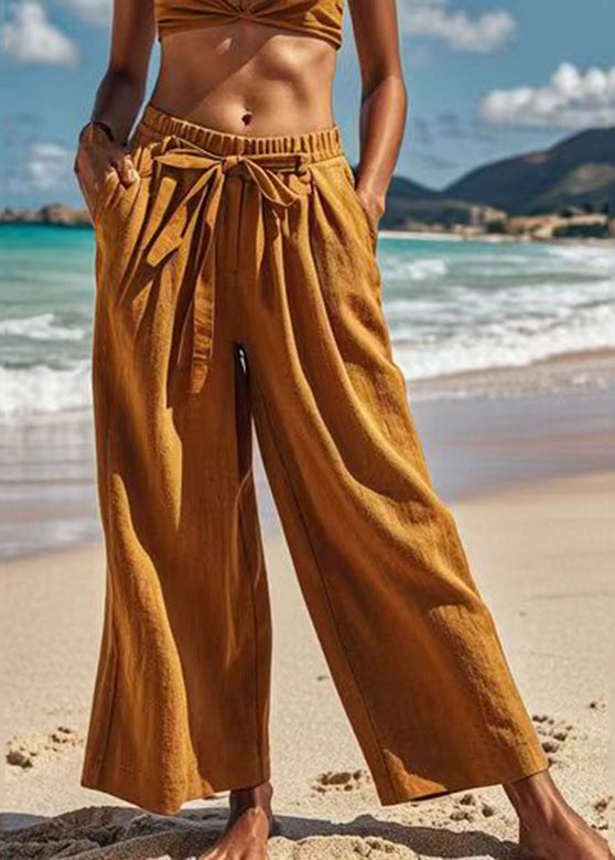 Casual Earth Yellow Elastic Waist Bow Wide Leg Pants Summer