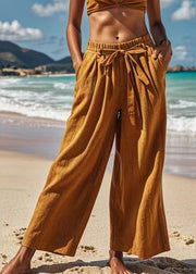 Casual Earth Yellow Elastic Waist Bow Wide Leg Pants Summer