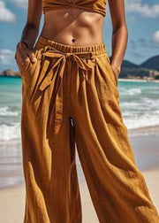 Casual Earth Yellow Elastic Waist Bow Wide Leg Pants Summer